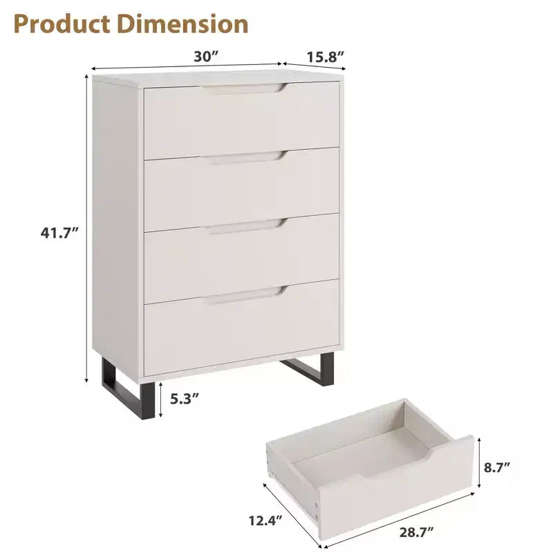 Commode de Chambre à 4 Tiroirs, Commode Haute de 105 cm, Armoire à Tiroirs Verticale Autoportante avec Rangement, Coffre de Rangement en Bois