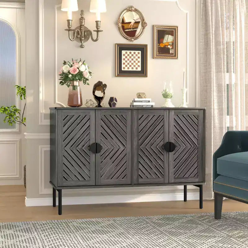 Sideboard Storage Cabinet with 4 Hollow Doors, Modern Accent Buffet Cabinet with Adjustable Shelves & Metal Handle, Credenza for Living Room Navy Blue