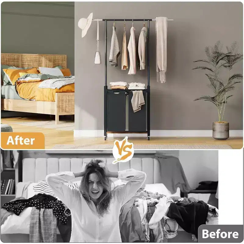 Portant à vêtements roulant avec deux paniers à linge, organisateur de vêtements mobile avec étagère pour chambre/buanderie