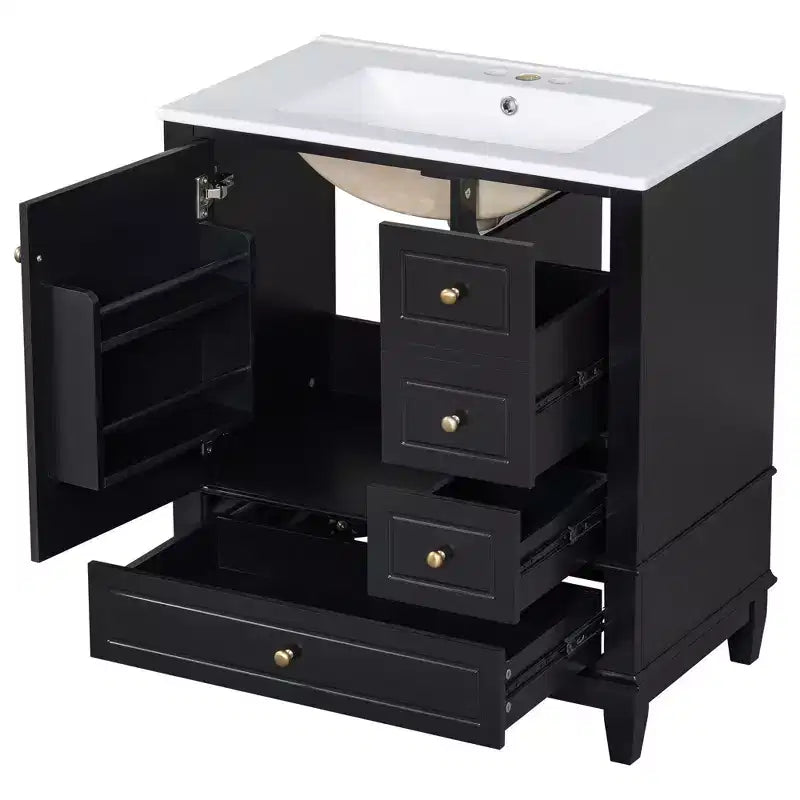 Meuble sous-vasque 30", Meuble de salle de bain avec tiroirs et étagère, Meuble sous-vasque simple