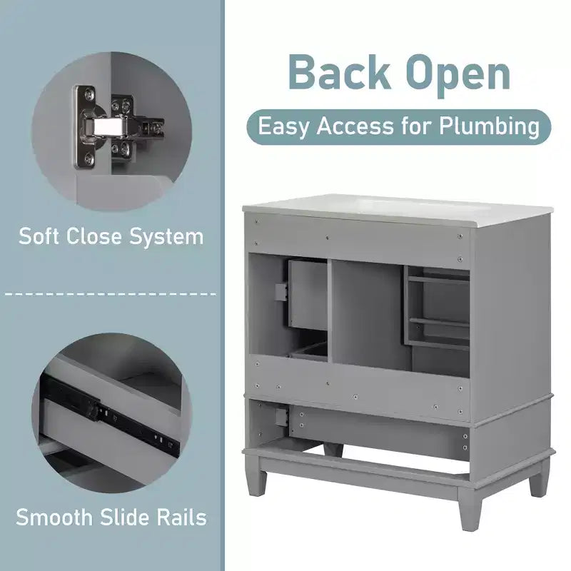 Meuble sous-vasque 30", Meuble de salle de bain avec tiroirs et étagère, Meuble sous-vasque simple