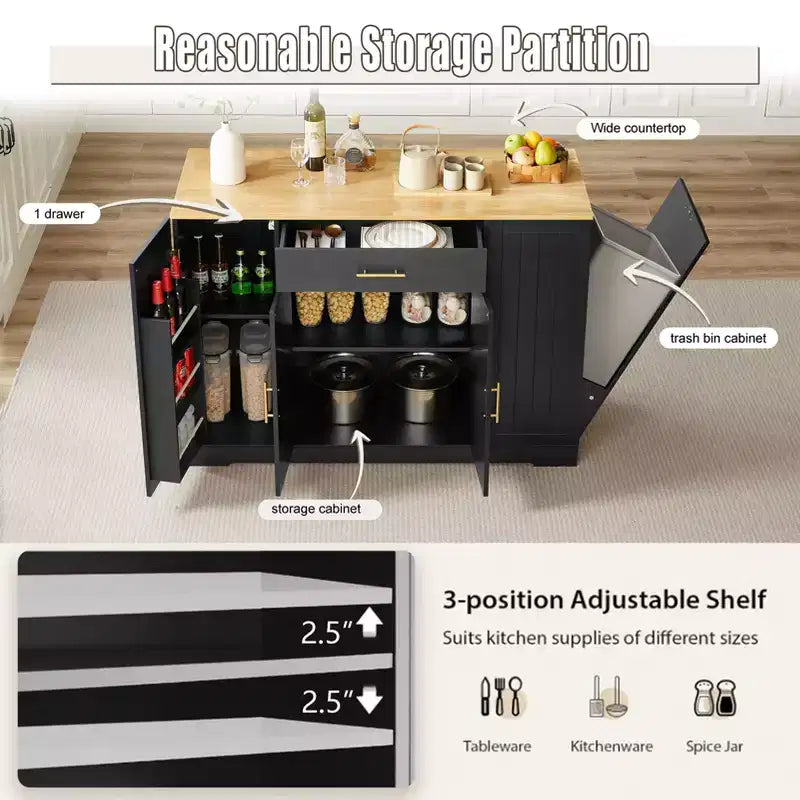 Îlot de cuisine moderne avec tiroirs, poubelle inclinable, îlots de rangement de cuisine avec étagères réglables pour la cuisine et la salle à manger