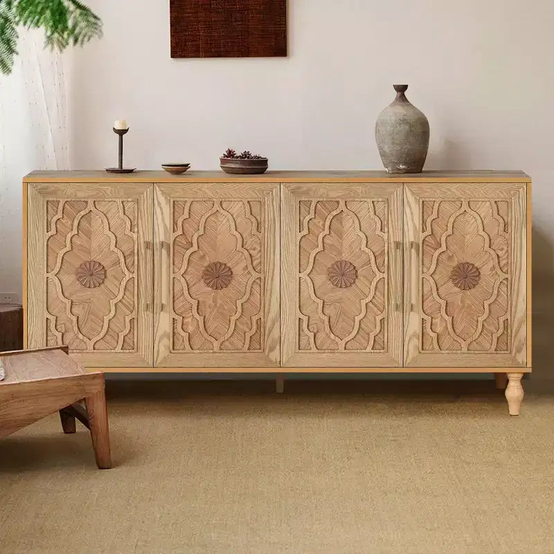 Grand meuble de rangement avec poignée en métal, portes sculptées de fleurs, console de buffet en bois moderne avec étagères réglables