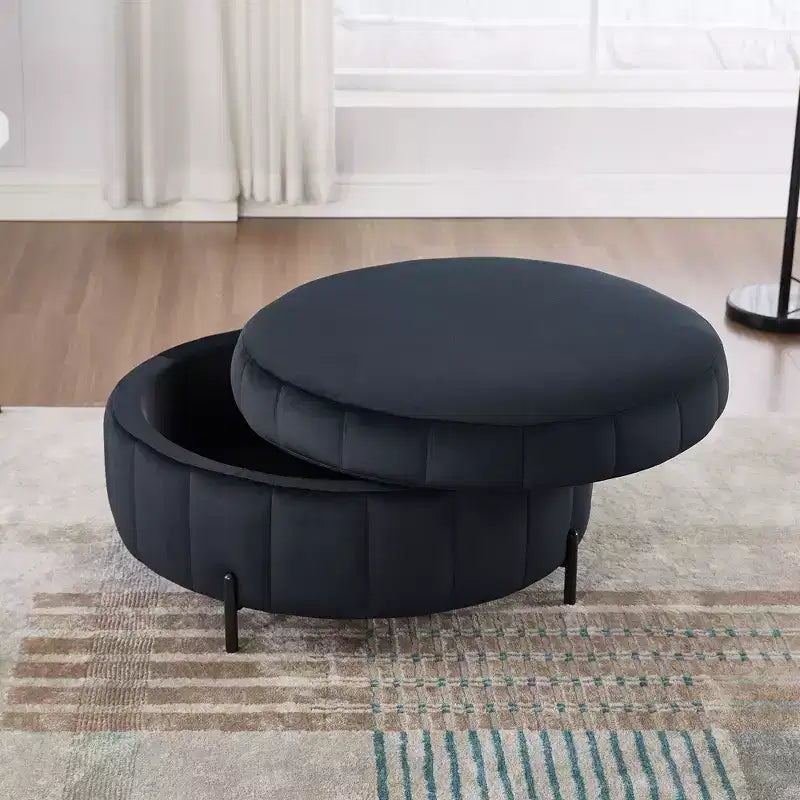 Pouf ottoman rond avec couvercle réversible, pouf ottoman de salon en velours de luxe, repose-pieds d'appoint, capacité de 125 kg