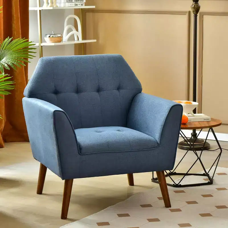 Fauteuil d'appoint capitonné moderne en tissu, fauteuil rembourré avec pieds en bois d d'hévéa bleu/gris