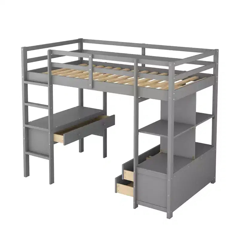 Lit mezzanine avec bureau intégré, étagères de rangement et tiroirs RE