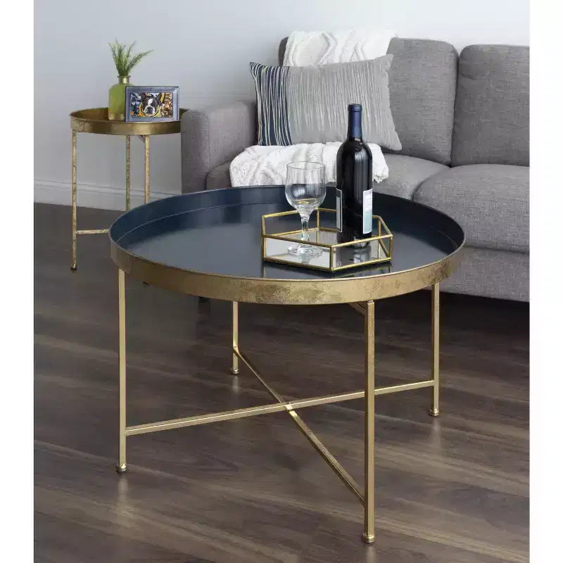 Table basse ronde en métal, 28.25x28.25x19, bleu marine et or